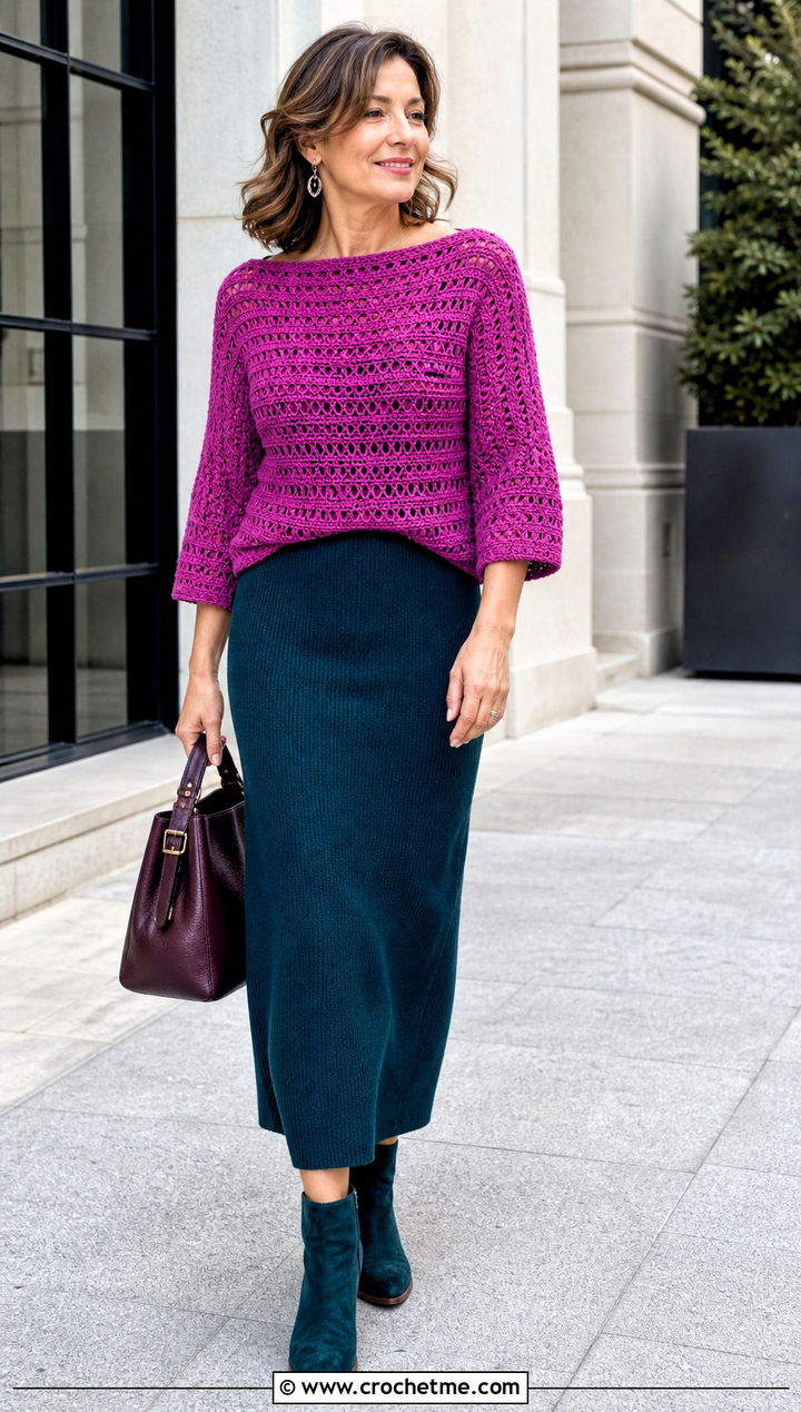 Pink Boatneck Crochet Pullover With Column Skirt - 35 pink crochet top outfit ideas
