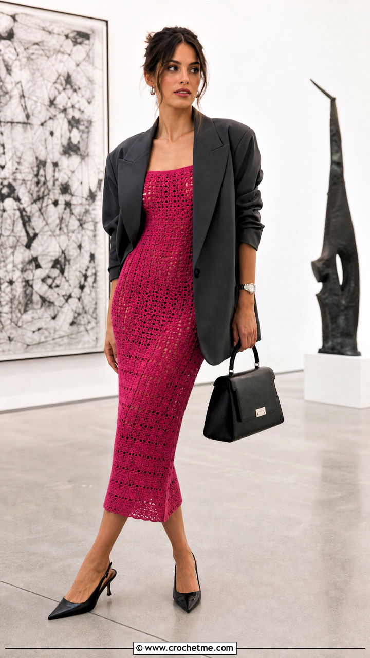 Pink Bodycon Crochet Midi Dress With Oversized Blazer - 35 pink crochet dress outfit ideas