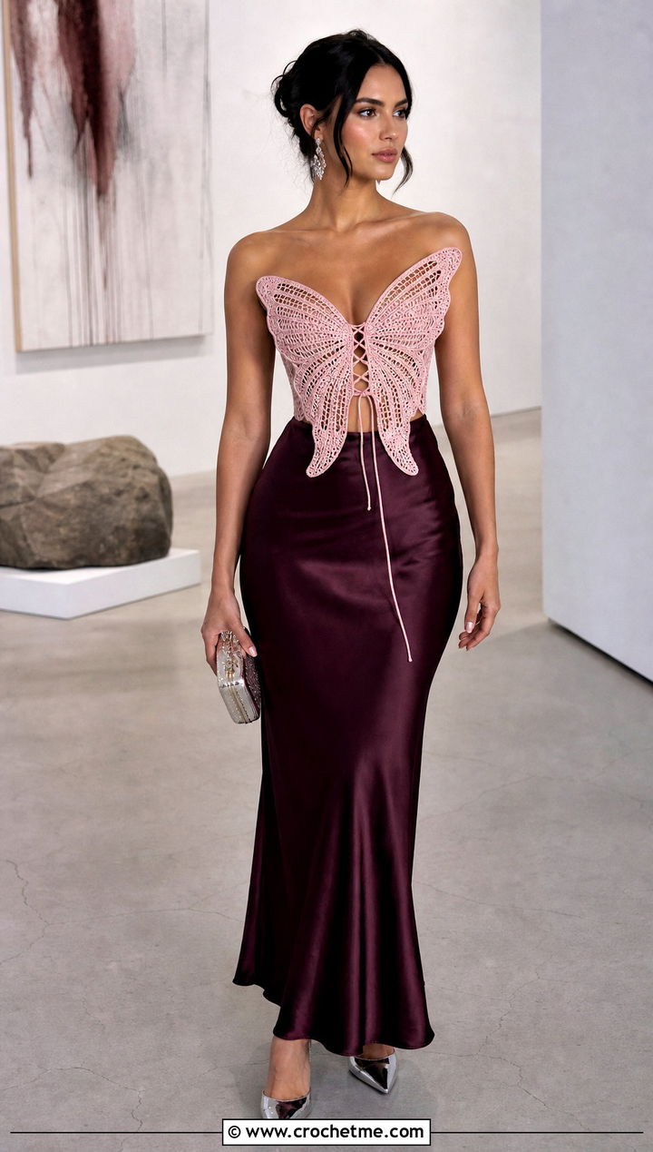 Pink Butterfly Corset Crochet Top With Satin Maxi Skirt - 20 pink butterfly crochet top outfit ideas
