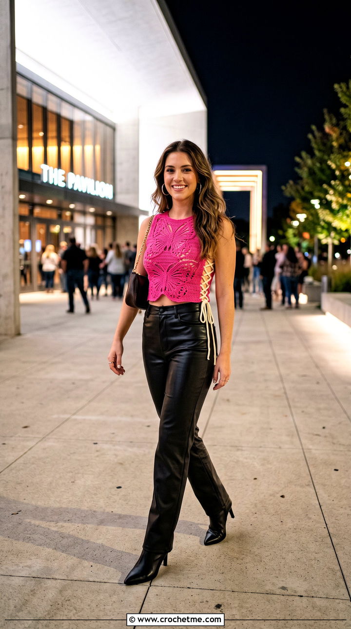 Pink Butterfly Lace Up Crochet Top With Leather Pants - 20 pink butterfly crochet top outfit ideas