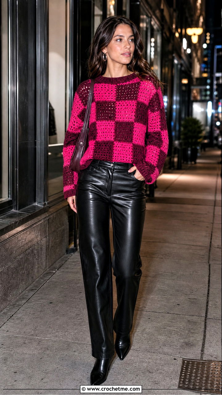 Pink Checkerboard Crochet Sweater With Leather Pants - 35 pink crochet sweater outfit ideas