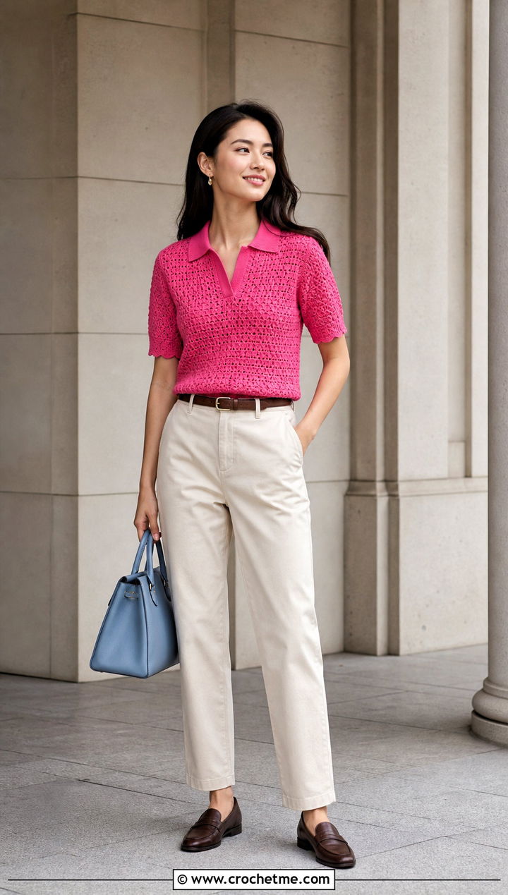 Pink Collared Crochet Top With Chino Pants - 35 pink crochet top outfit ideas