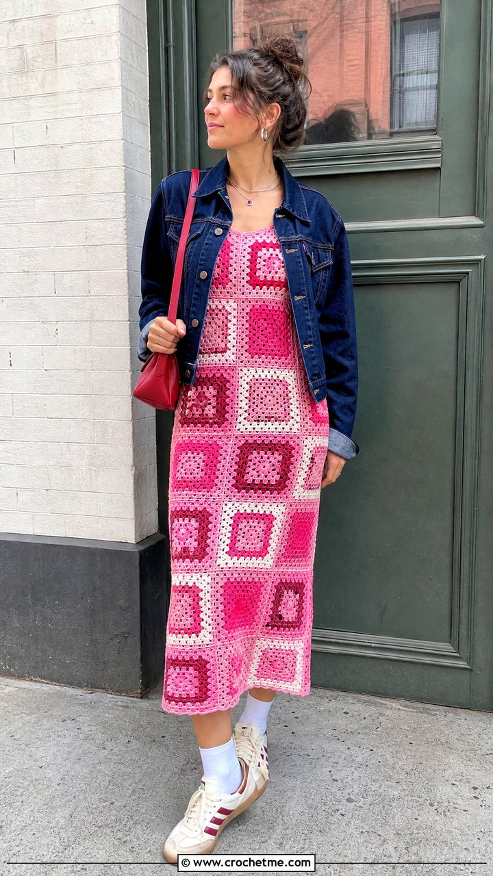 Pink Color Block Granny Square Dress With Retro Sneakers - 35 pink crochet dress outfit ideas