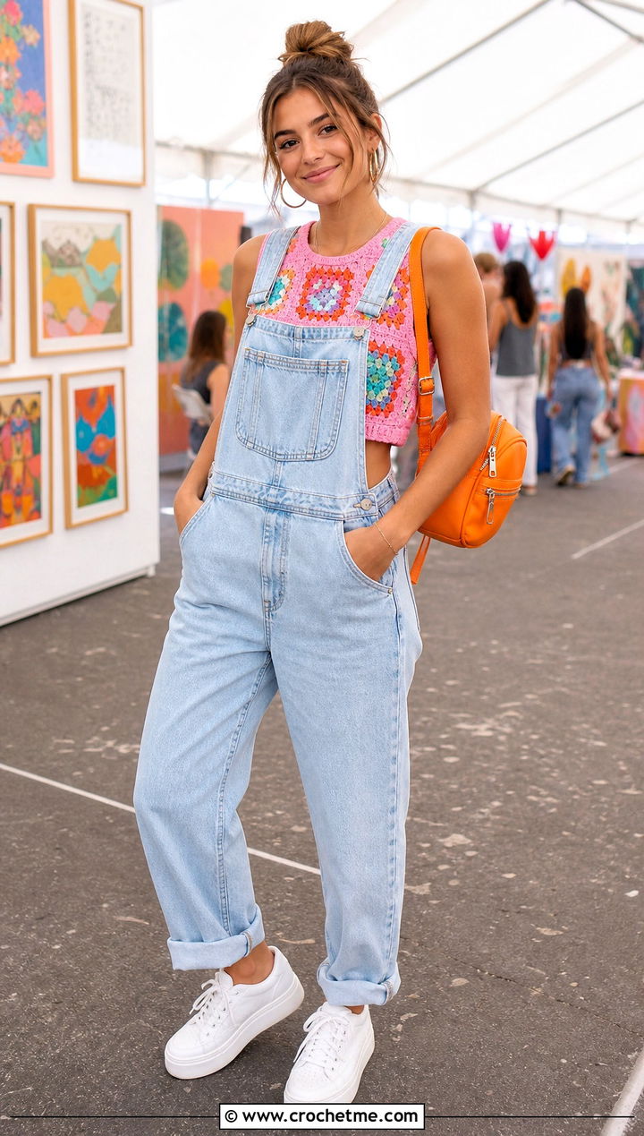 Pink Color Block Granny Square Tank With Overalls - 35 pink crochet top outfit ideas