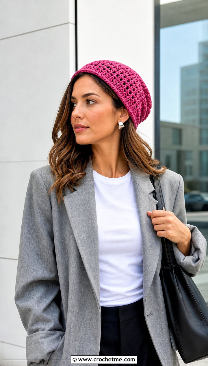 Pink Crochet Beanie With Blazer And Trousers - 15 spring pink crochet hat outfit ideas