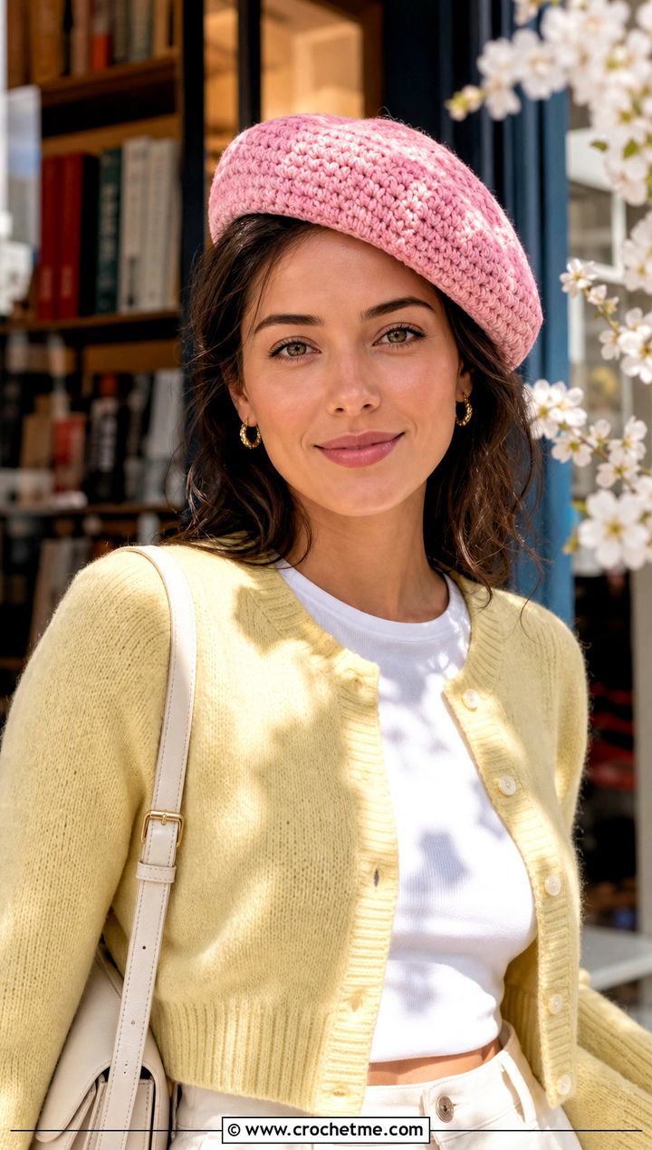 Pink Crochet Beret With Cardigan And Jeans - 15 spring pink crochet hat outfit ideas