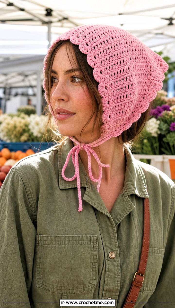 Pink Crochet Bonnet With Utility Jumpsuit - 15 spring pink crochet hat outfit ideas