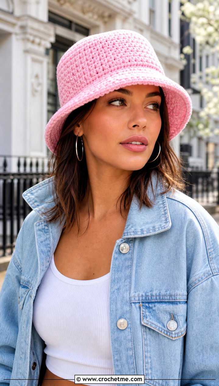 Pink Crochet Bucket Hat With Denim Jacket - 15 spring pink crochet hat outfit ideas