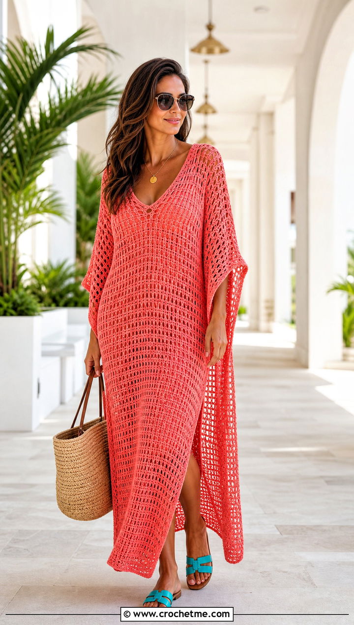 Pink Crochet Caftan Dress With Flat Sandals - 30 Pink Crochet Dress Outfits ideas