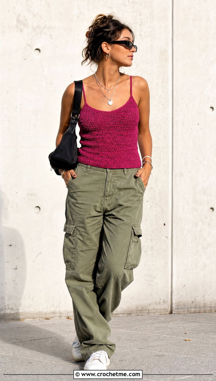 Pink Crochet Camisole Top With Cargo Pants - 15 pink summer crochet top outfit ideas