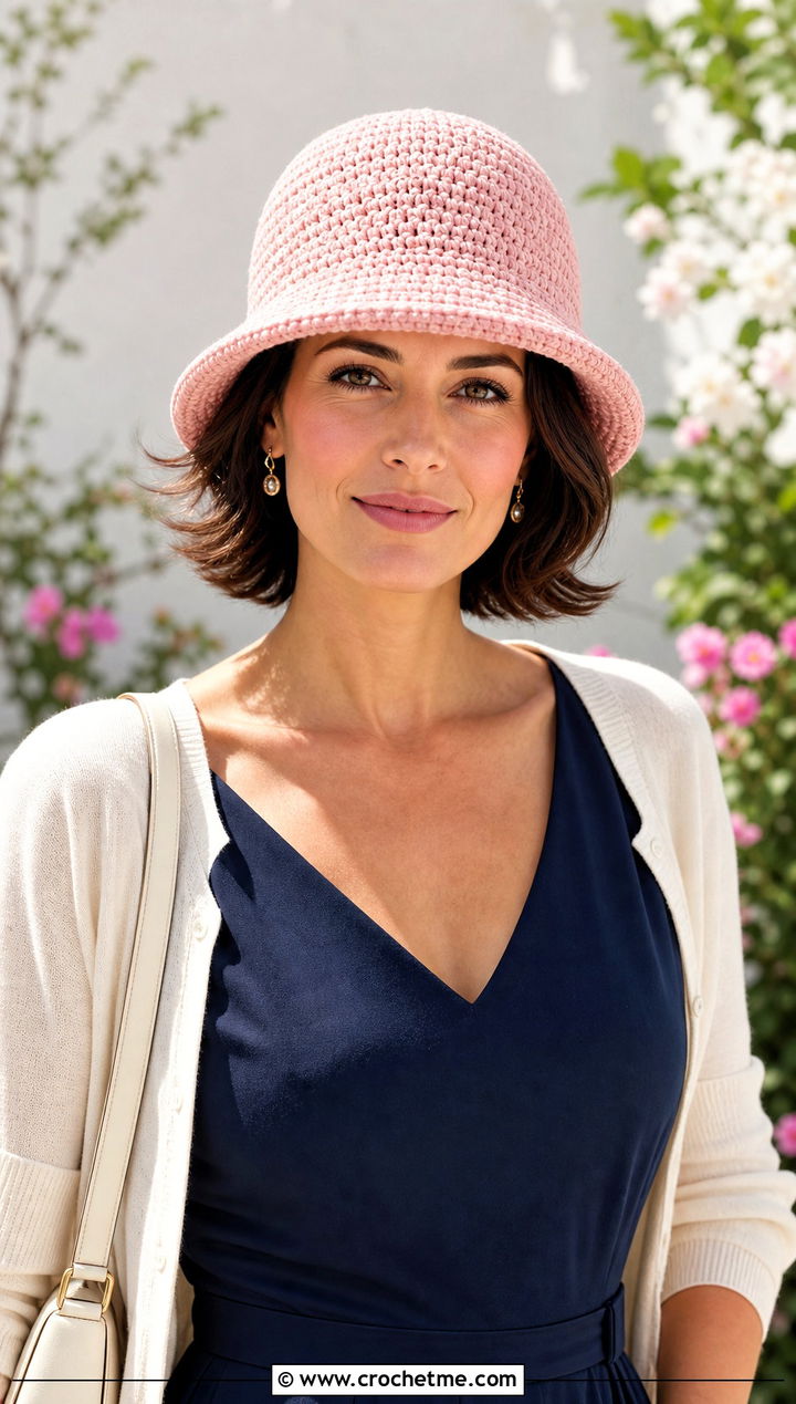 Pink Crochet Cloche Hat With Midi Dress - 15 spring pink crochet hat outfit ideas