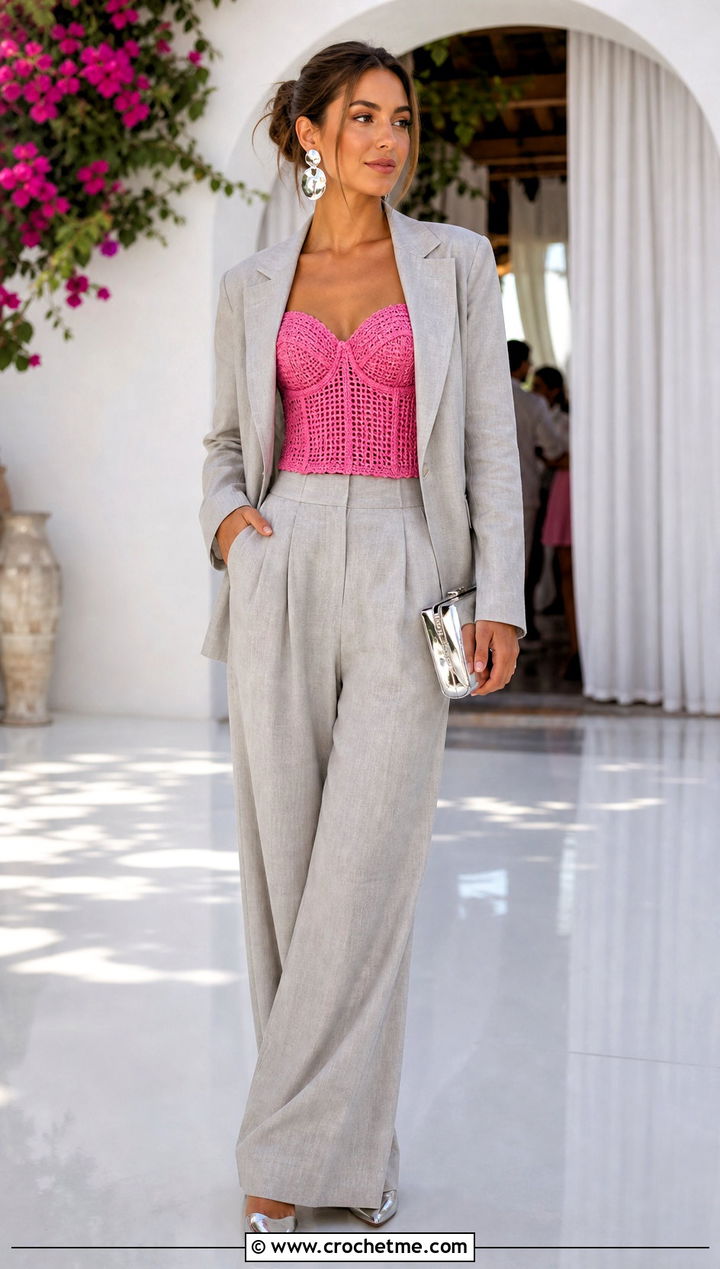 Pink Crochet Corset Top With Relaxed Suit - 15 pink summer crochet top outfit ideas