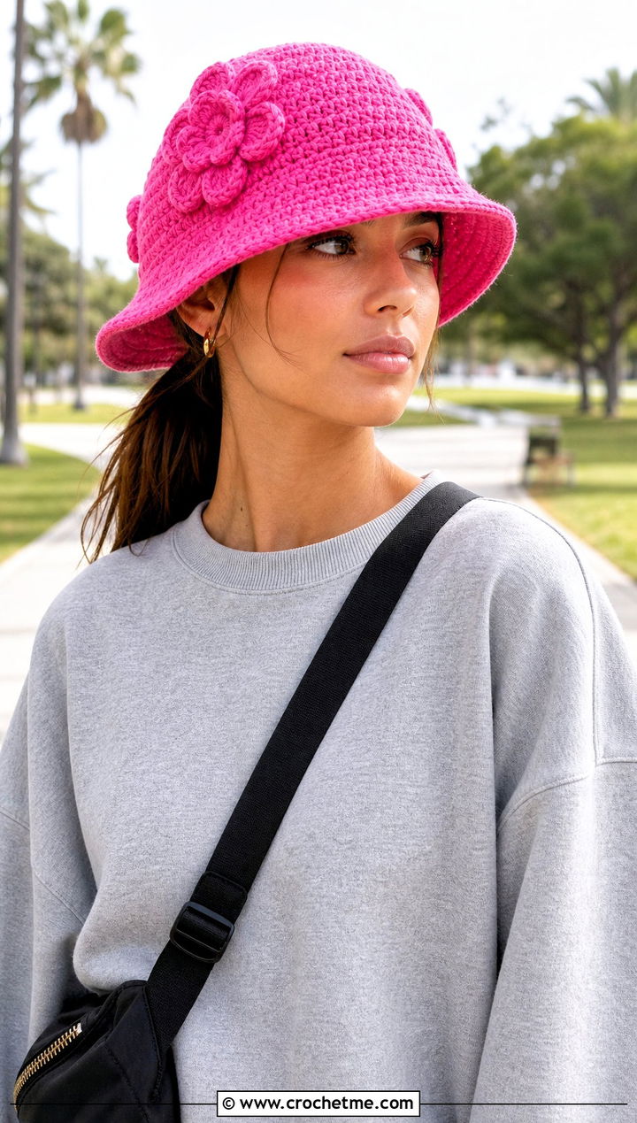 Pink Crochet Flower Hat With Sweatshirt And Bike Shorts - 15 spring pink crochet hat outfit ideas