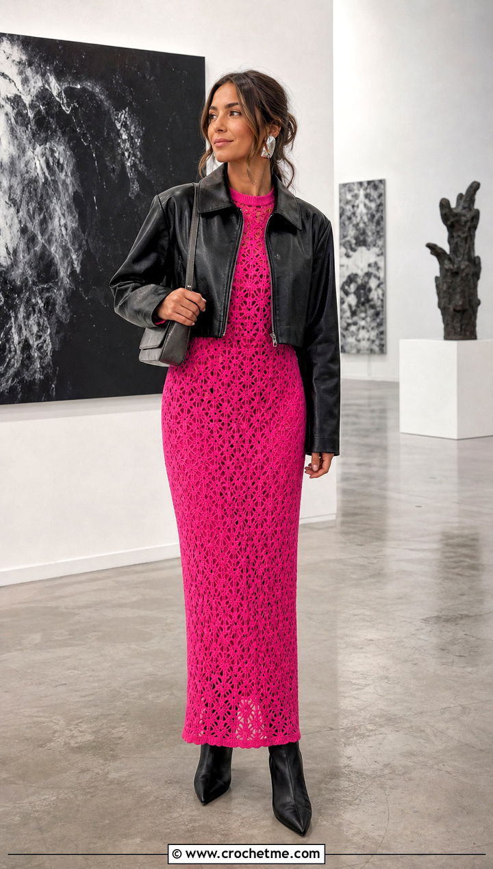Pink Crochet Maxi Dress With Leather Jacket - 30 Pink Crochet Dress Outfits ideas