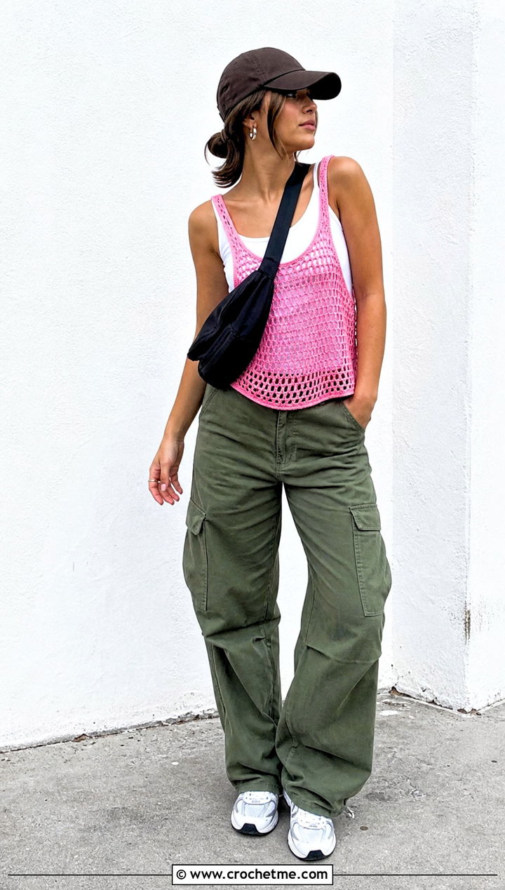 Pink Crochet Mesh Tank With Cargo Pants - 35 pink crochet top outfit ideas