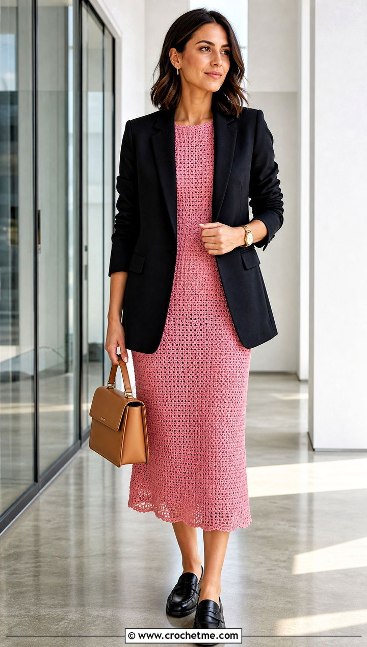 Pink Crochet Midi Dress With Black Blazer - 30 Pink Crochet Dress Outfits ideas