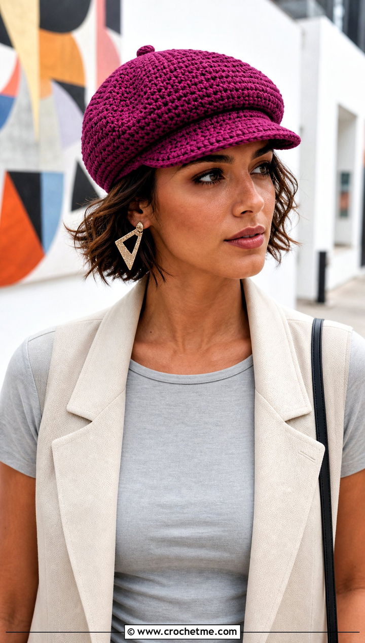 Pink Crochet Newsboy Cap With Vest And Trousers - 15 spring pink crochet hat outfit ideas