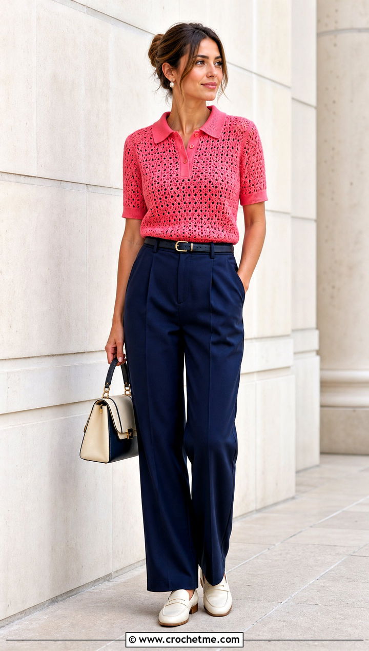 Pink Crochet Polo Top With Pleated Trousers - 35 pink crochet top outfit ideas