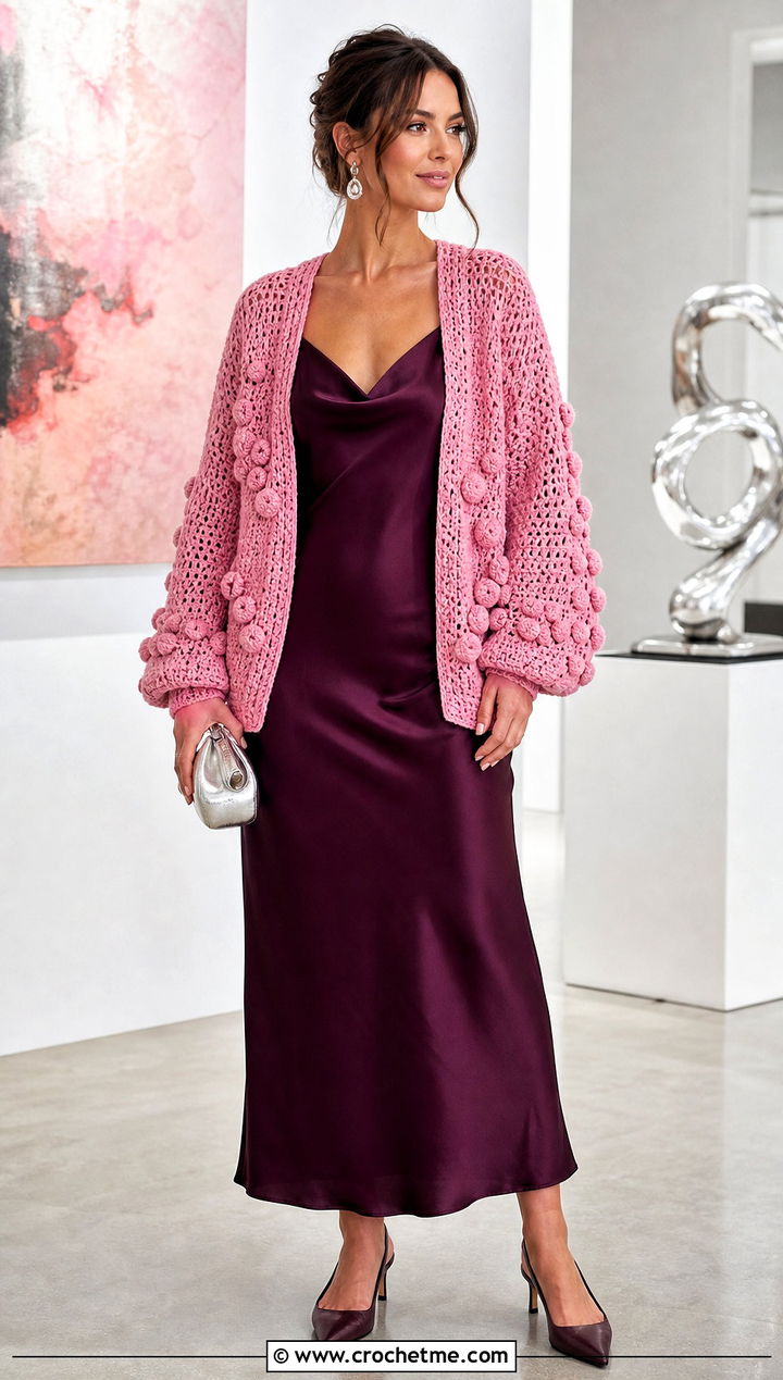 Pink Crochet Pom Pom Cardigan With Slip Dress - 15 pink crochet sweater with pom poms outfit ideas