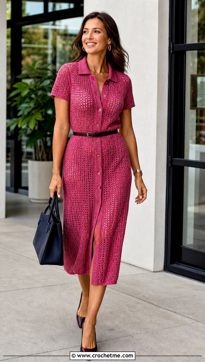 Pink Crochet Shirt Dress With Slingback Pumps - 30 Pink Crochet Dress Outfits ideas