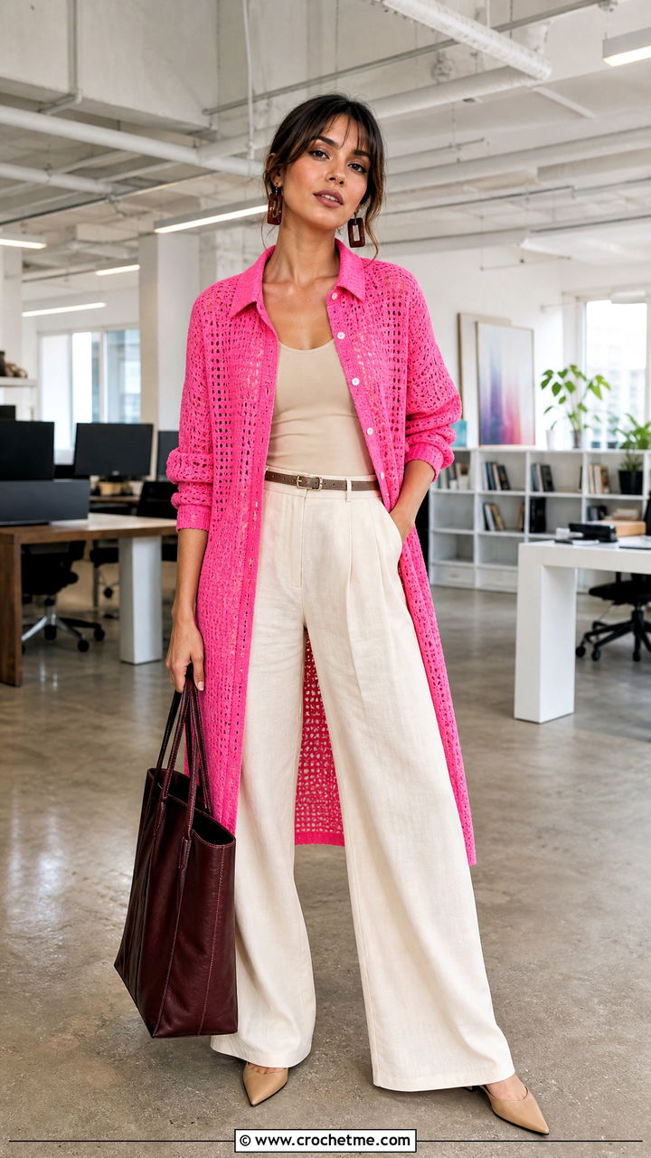 Pink Crochet Shirt Dress With Tailored Trousers - 35 pink crochet dress outfit ideas