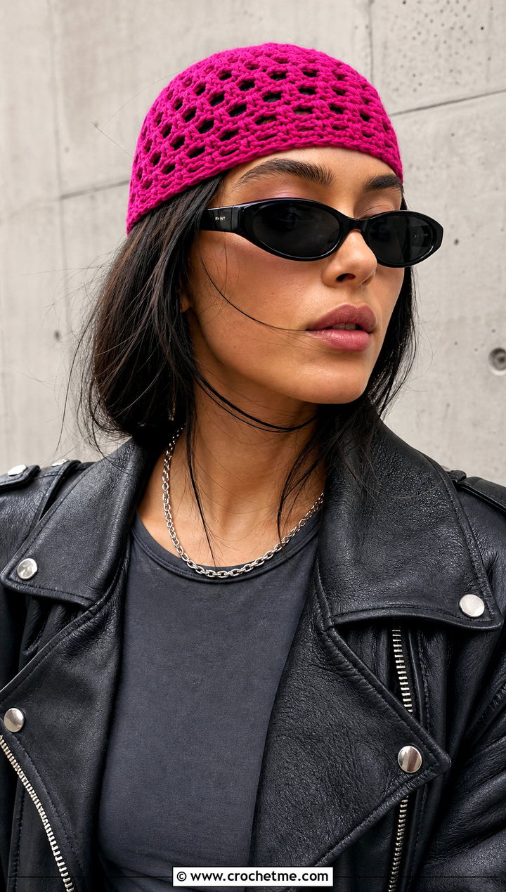 Pink Crochet Skull Cap With Leather Jacket - 15 spring pink crochet hat outfit ideas