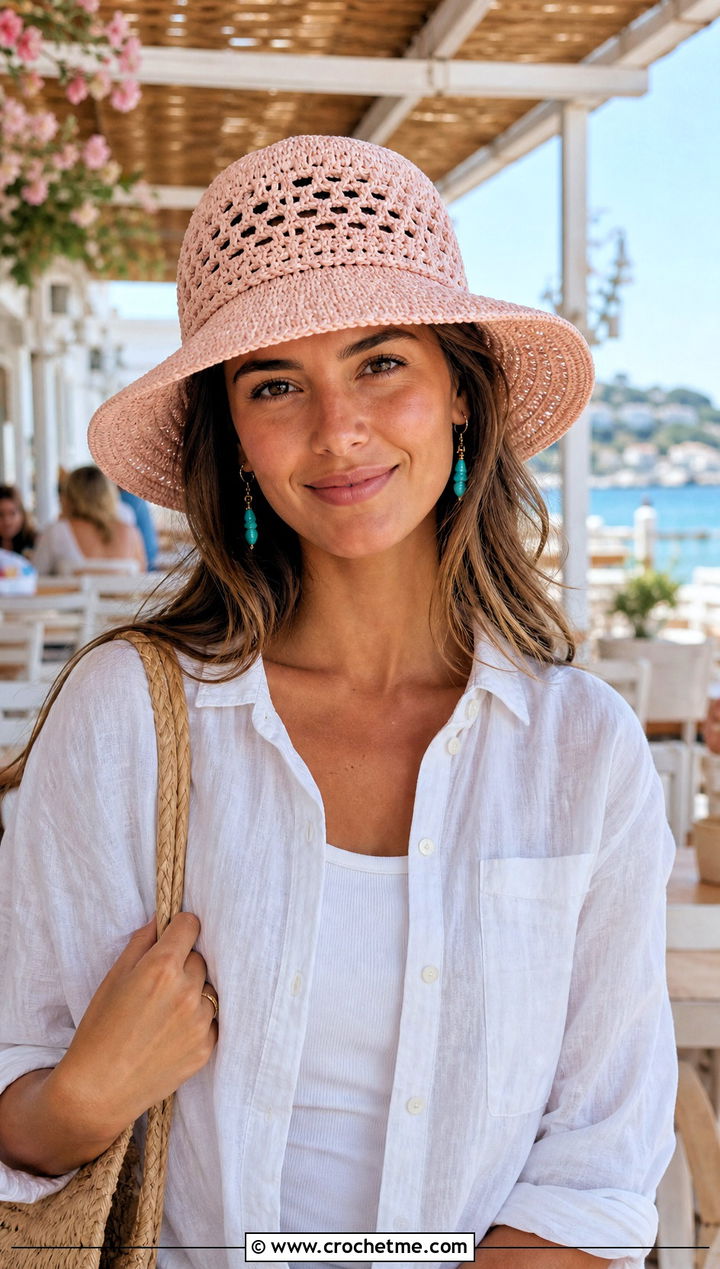 Pink Crochet Sun Hat With Linen Set - 15 spring pink crochet hat outfit ideas