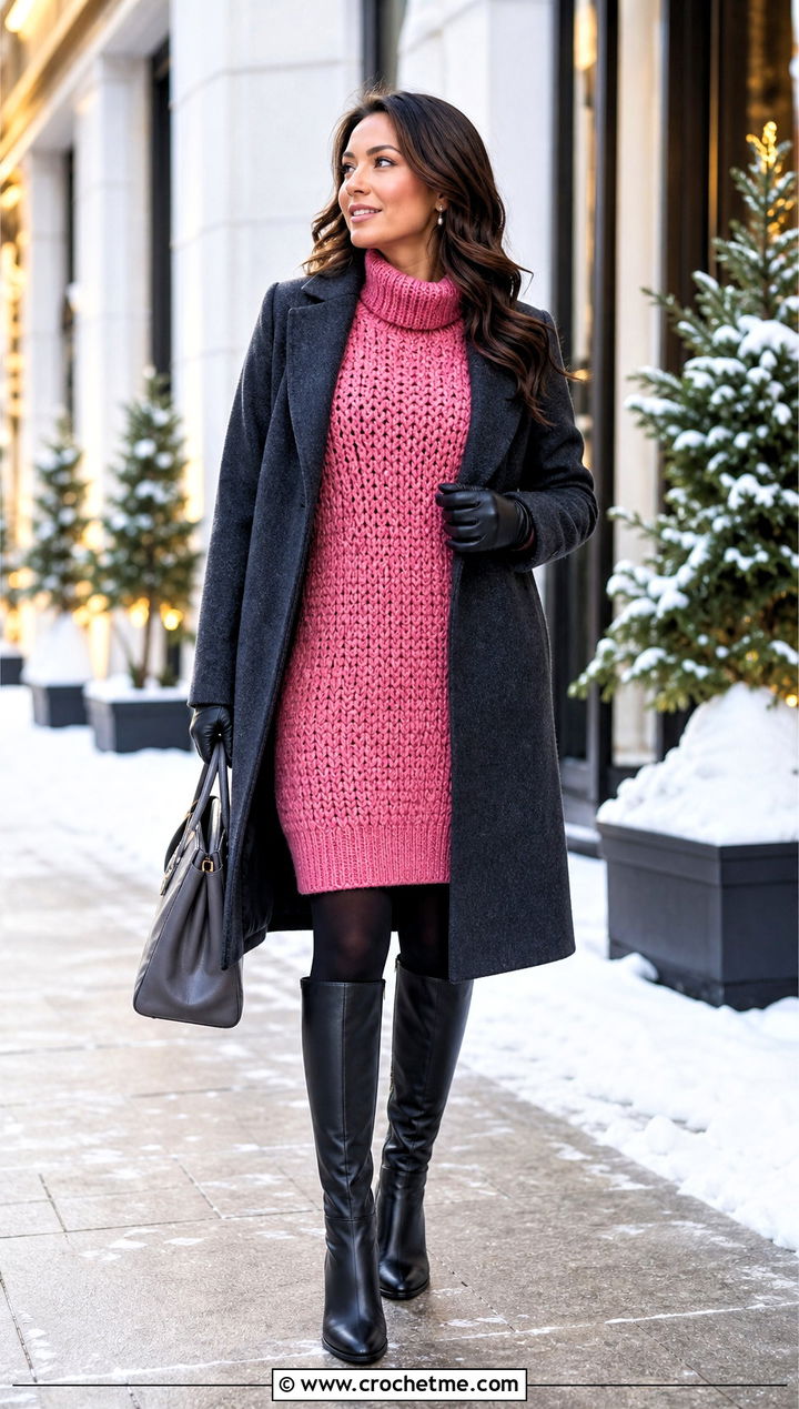Pink Crochet Sweater Dress With Wool Coat - 30 Pink Crochet Dress Outfits ideas