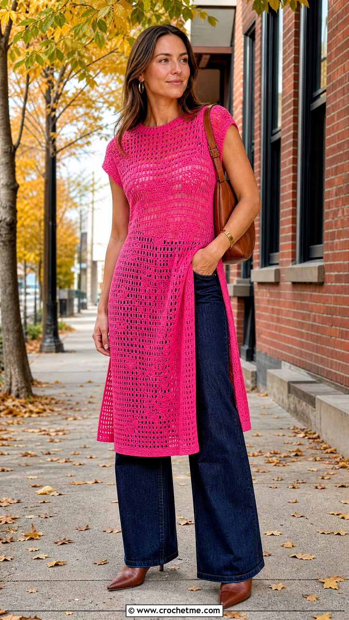 Pink Crochet Tunic Dress With Wide Leg Jeans - 35 pink crochet dress outfit ideas