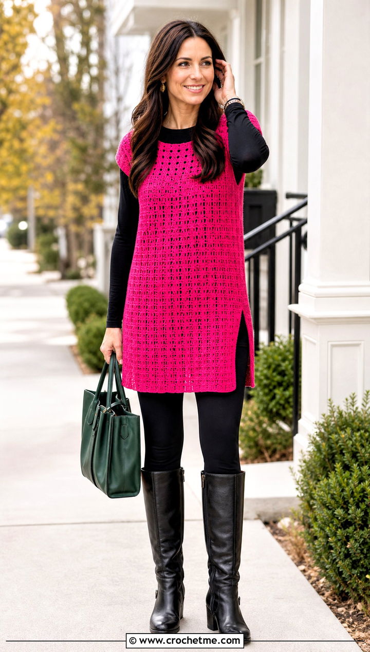 Pink Crochet Tunic Top With Leggings And Boots - 35 pink crochet top outfit ideas