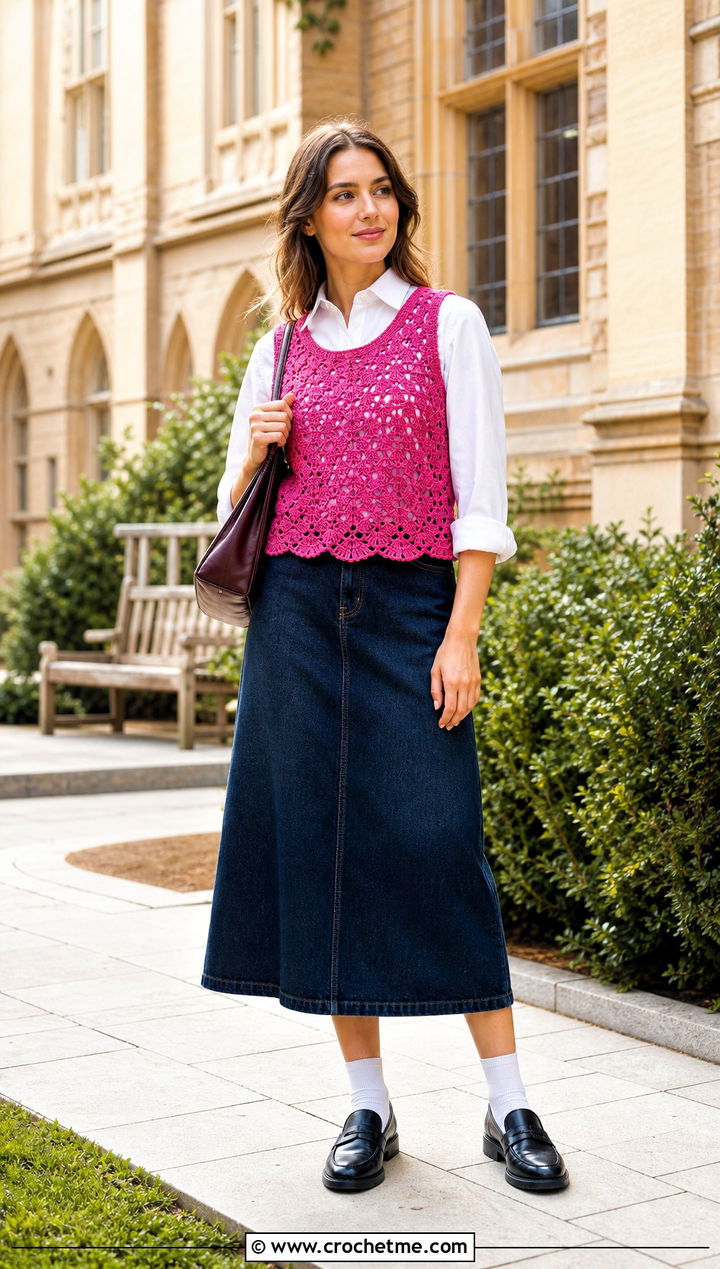 Pink Crochet Vest Top With White Shirt And Midi Skirt - 35 pink crochet top outfit ideas