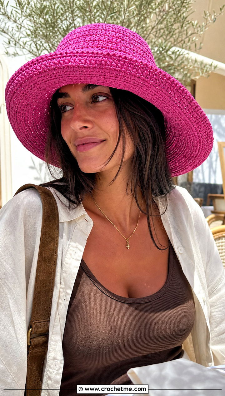 Pink Crochet Wide Brim Hat With Maxi Skirt - 15 spring pink crochet hat outfit ideas