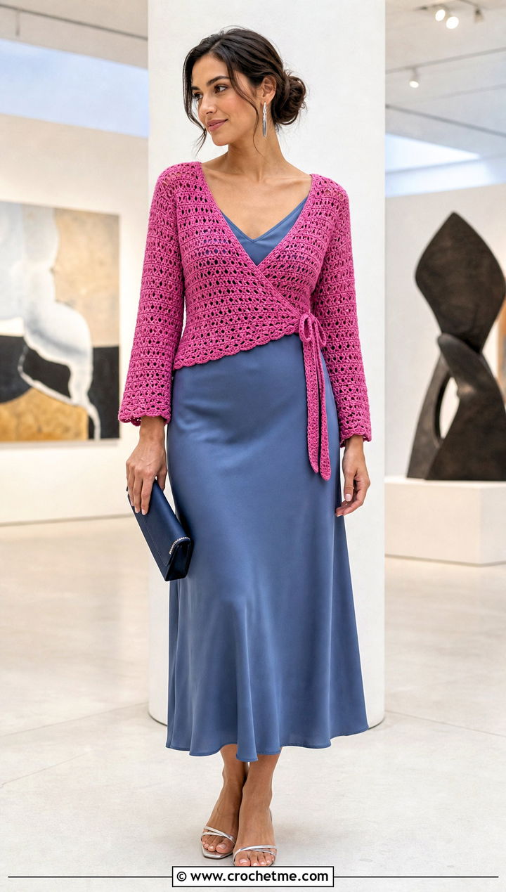 Pink Crochet Wrap Top Over A Slip Dress - 35 pink crochet top outfit ideas