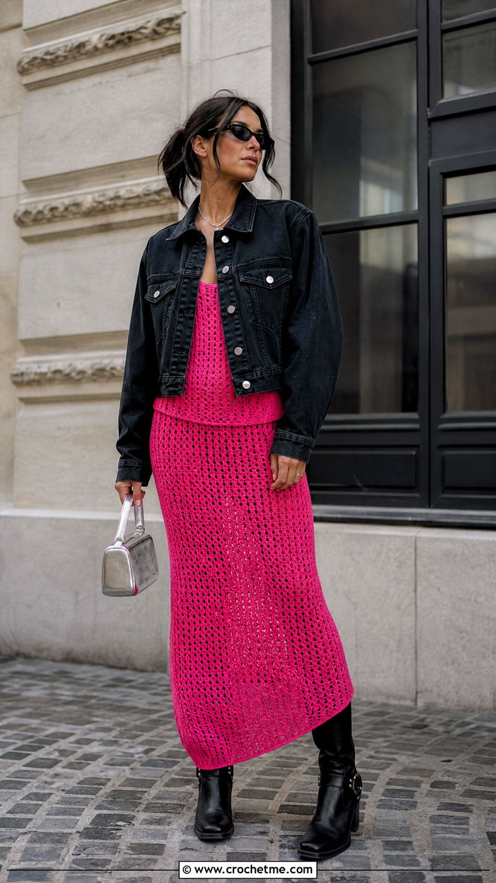 Pink Drop Waist Crochet Maxi Dress With Moto Boots - 35 pink crochet dress outfit ideas