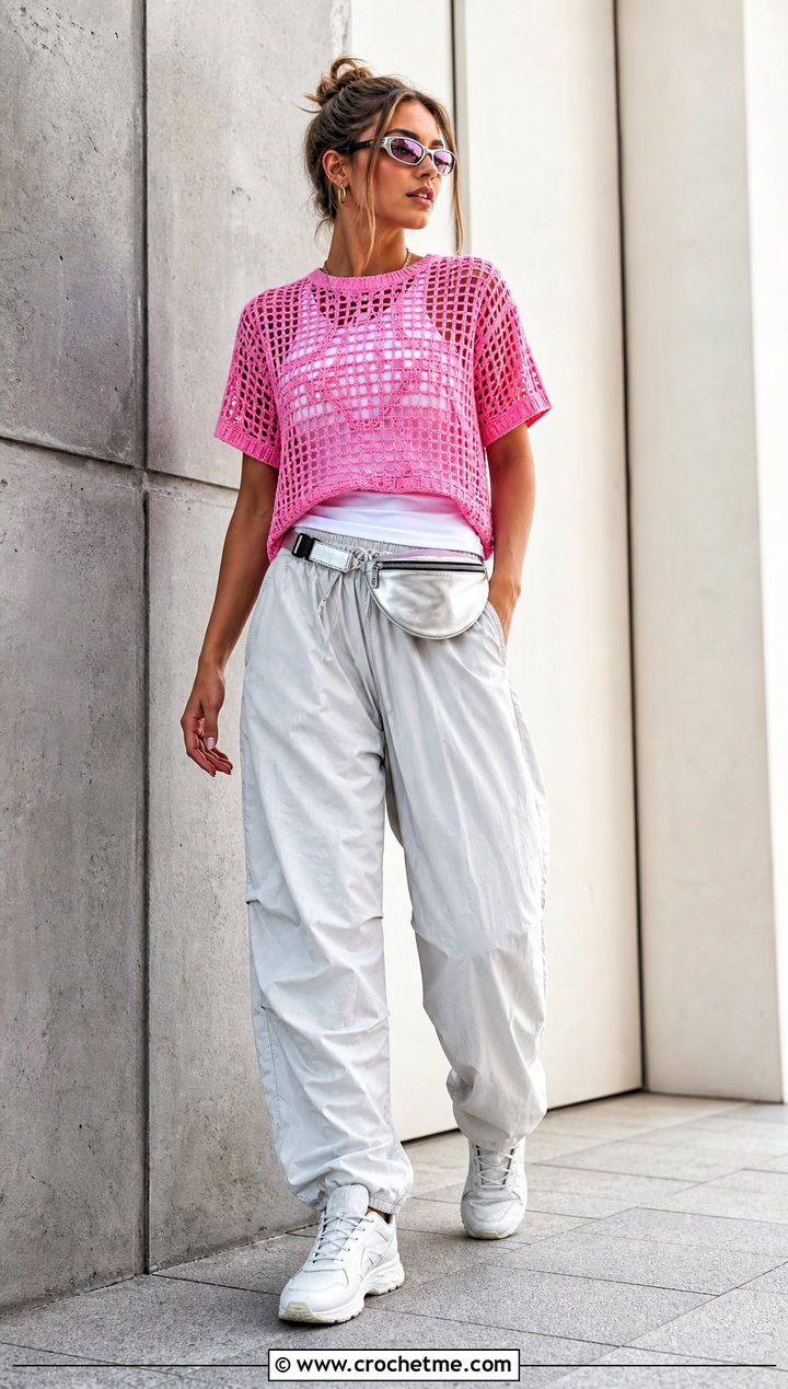 Pink Filet Crochet Tee With Parachute Pants - 35 pink crochet top outfit ideas