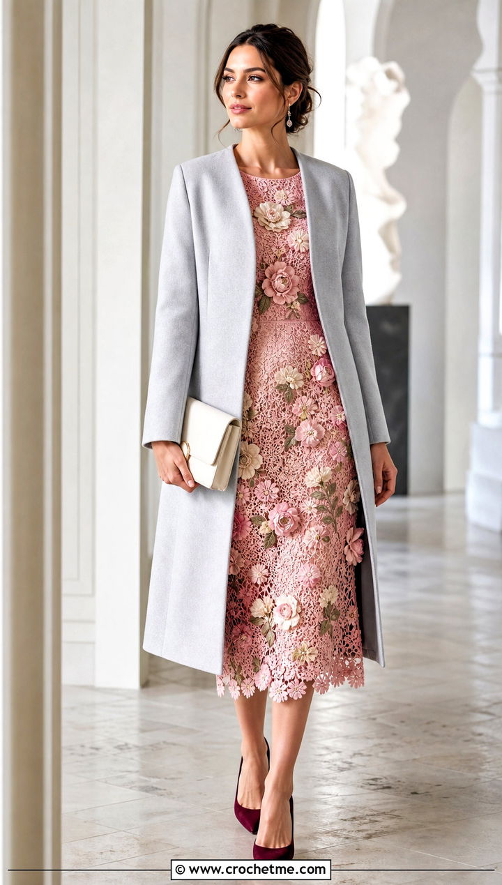 Pink Floral Applique Crochet Dress With Tailored Coat - 30 Pink Crochet Dress Outfits ideas
