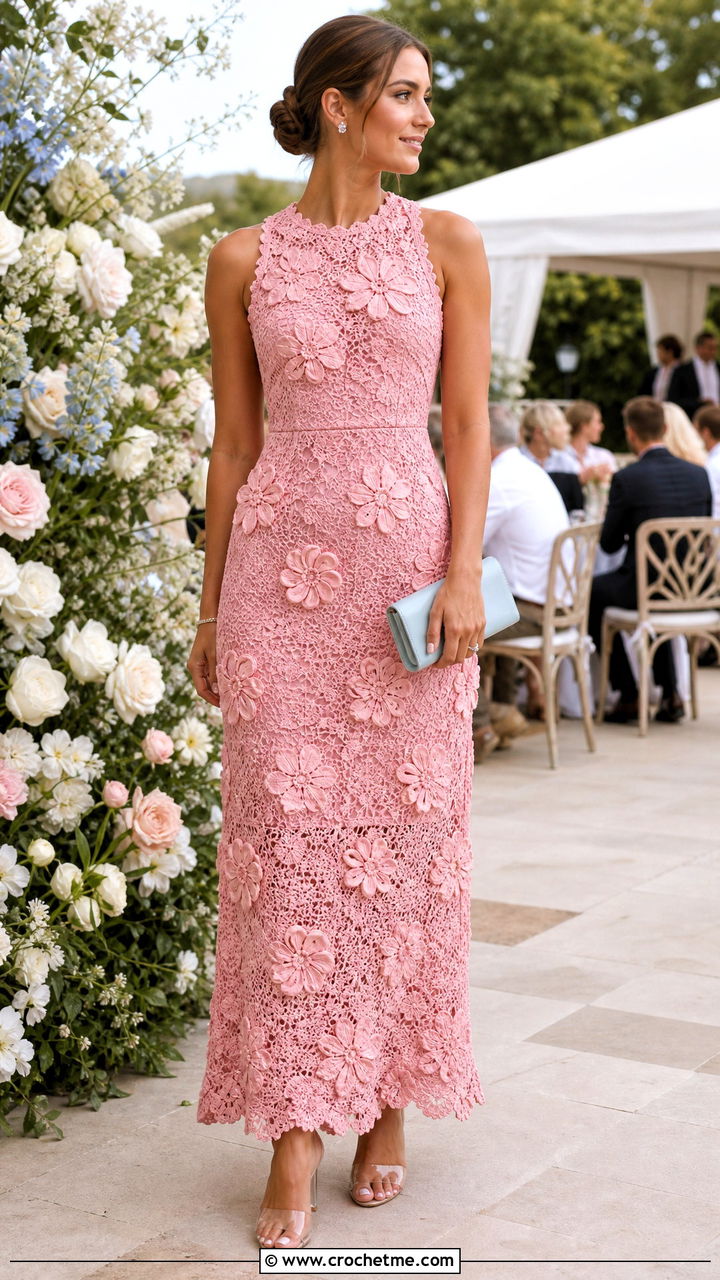 Pink Floral Applique Crochet Maxi Dress With Clear Heels - 35 pink crochet dress outfit ideas