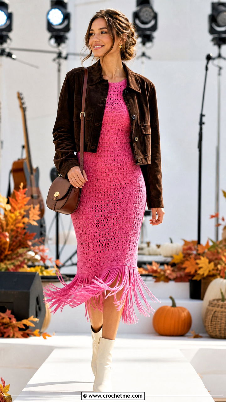 Pink Fringe Hem Crochet Midi Dress With Suede Jacket - 35 pink crochet dress outfit ideas