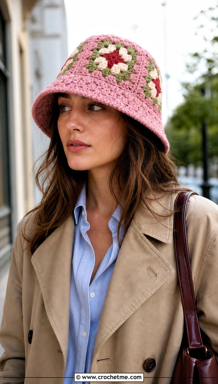 Pink Granny Square Bucket Hat With Trench Coat - 15 spring pink crochet hat outfit ideas