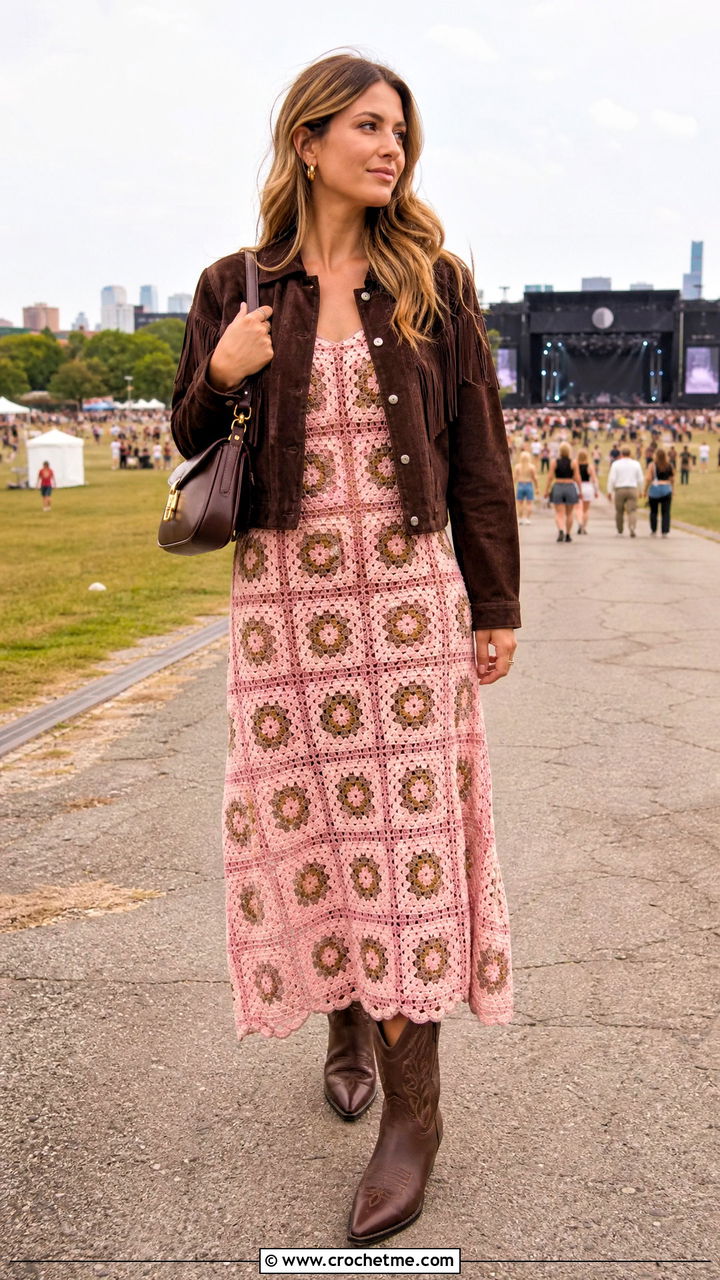 Pink Granny Square Crochet Midi Dress With Cowboy Boots - 35 pink crochet dress outfit ideas