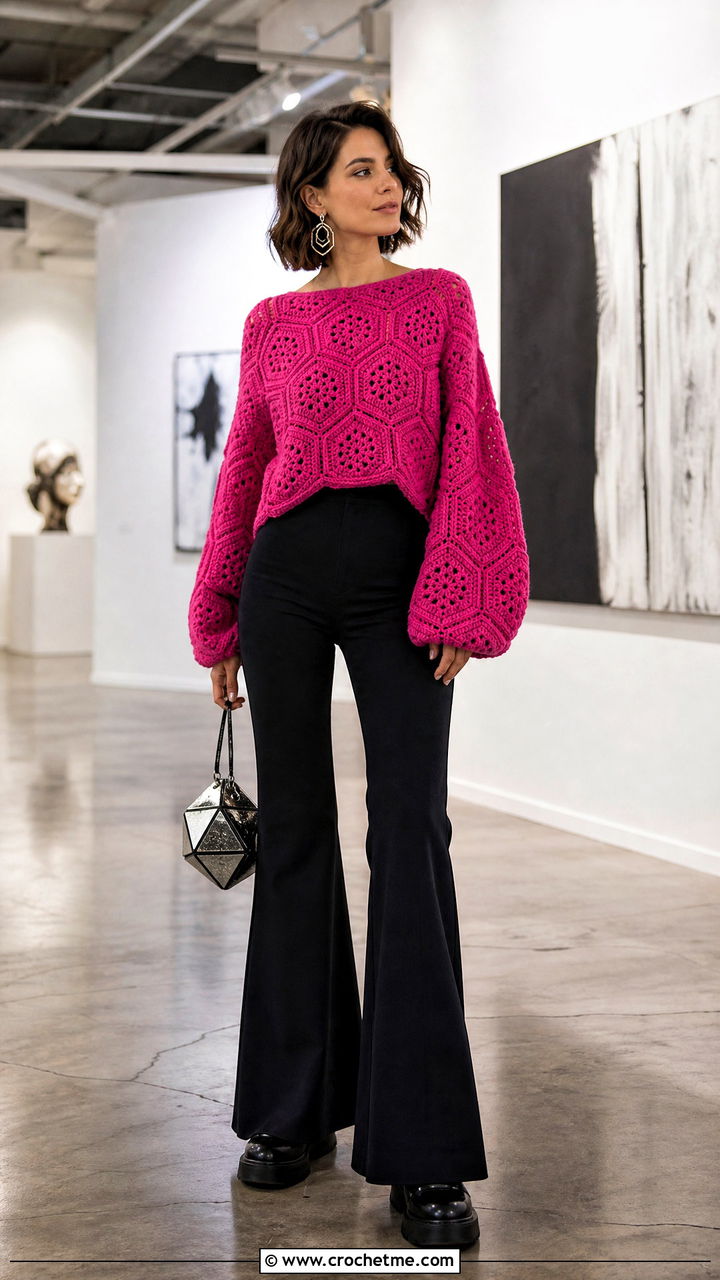 Pink Hexagon Crochet Sweater With Flared Pants - 35 pink crochet sweater outfit ideas