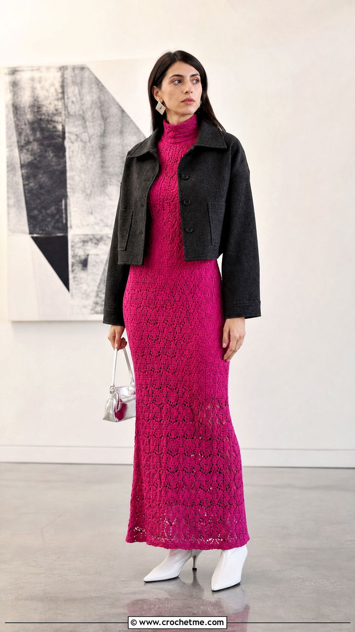 Pink High Neck Crochet Column Dress With Ankle Boots - 35 pink crochet dress outfit ideas