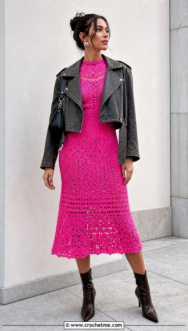 Pink High Neck Crochet Dress With Moto Jacket - 30 Pink Crochet Dress Outfits ideas