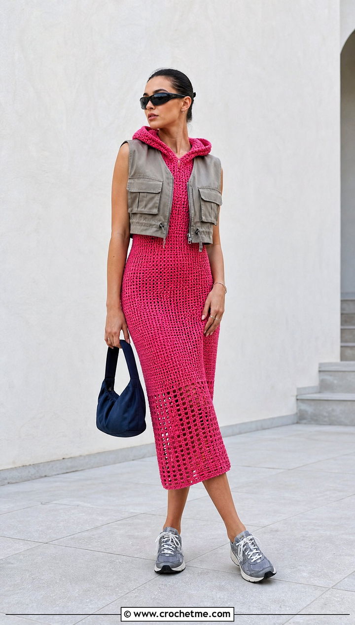 Pink Hooded Crochet Dress With Cargo Vest - 30 Pink Crochet Dress Outfits ideas