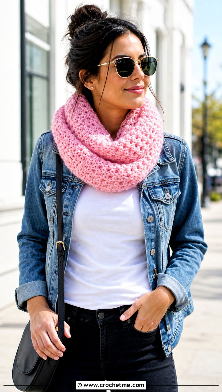 Pink Infinity Crochet Cowl With Denim Jacket - 15 pink crochet cowl outfit ideas