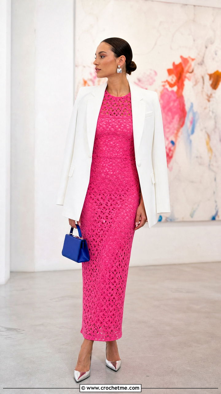 Pink Lace Stitch Crochet Column Dress With White Blazer - 35 pink crochet dress outfit ideas