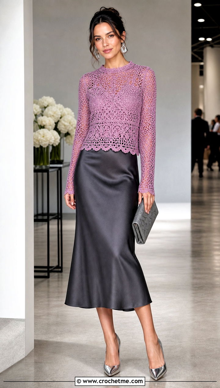 Pink Long Sleeve Crochet Top With Satin Skirt - 35 pink crochet top outfit ideas