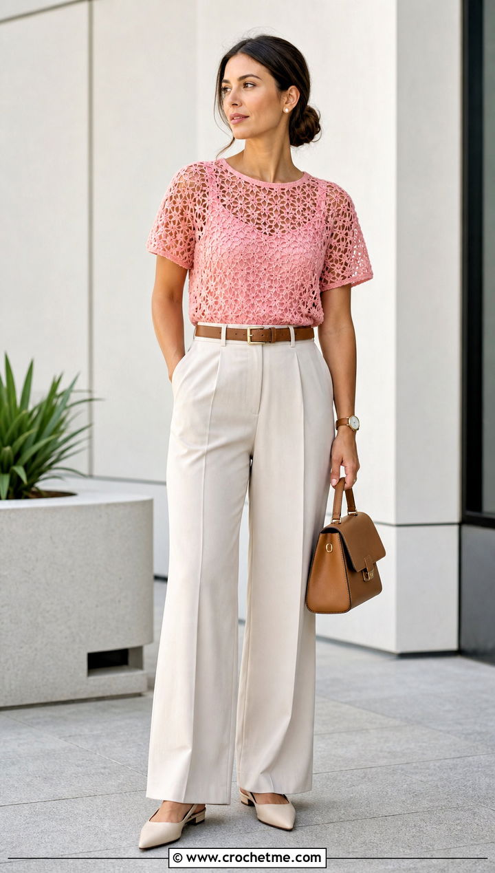 Pink Mesh Crochet Top With Tailored Trousers - 15 pink summer crochet top outfit ideas