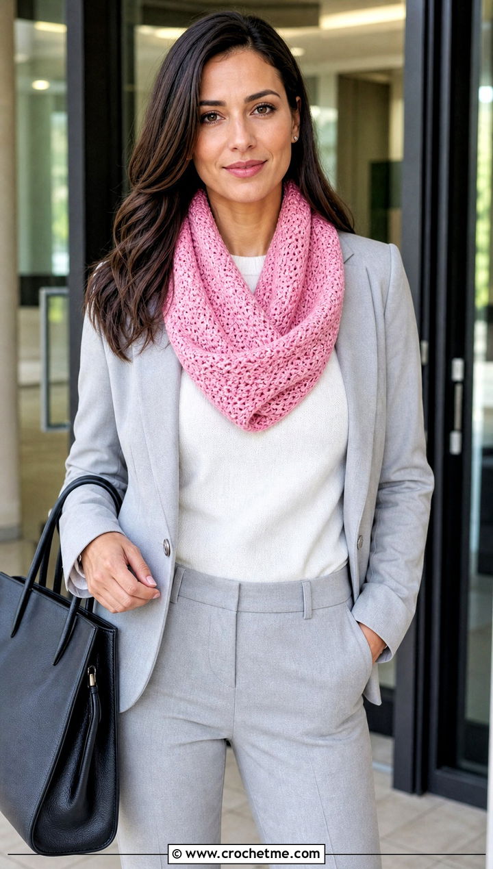 Pink Mobius Crochet Cowl With Tailored Blazer - 15 pink crochet cowl outfit ideas