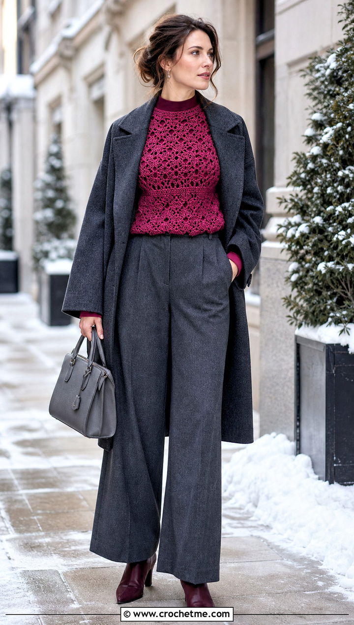 Pink Mock Neck Crochet Top With Wool Trousers - 35 pink crochet top outfit ideas